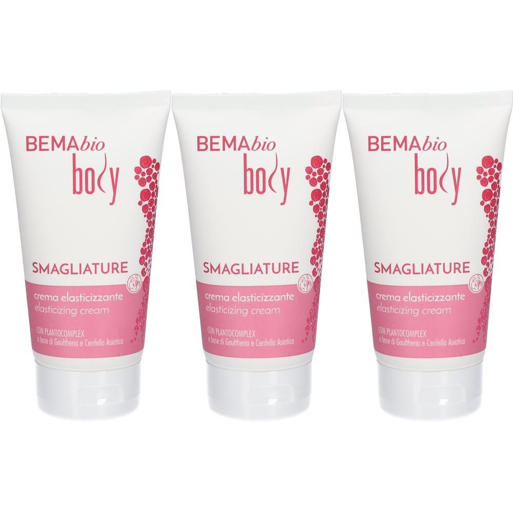 Drei Tuben Creme. Aufschrift: BEMAbio body, SMAGLIATURE, crema elasticizzante. Rosa und weiße Verpackung.