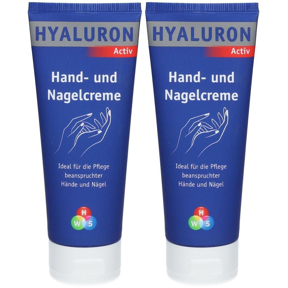 Zwei blaue Tuben Hand- und Nagelcreme. Aufschrift: HYALURON Activ. Text: Hand- und Nagelcreme. Illustration: Hände. Ideal für beanspruchte Hände und Nägel.