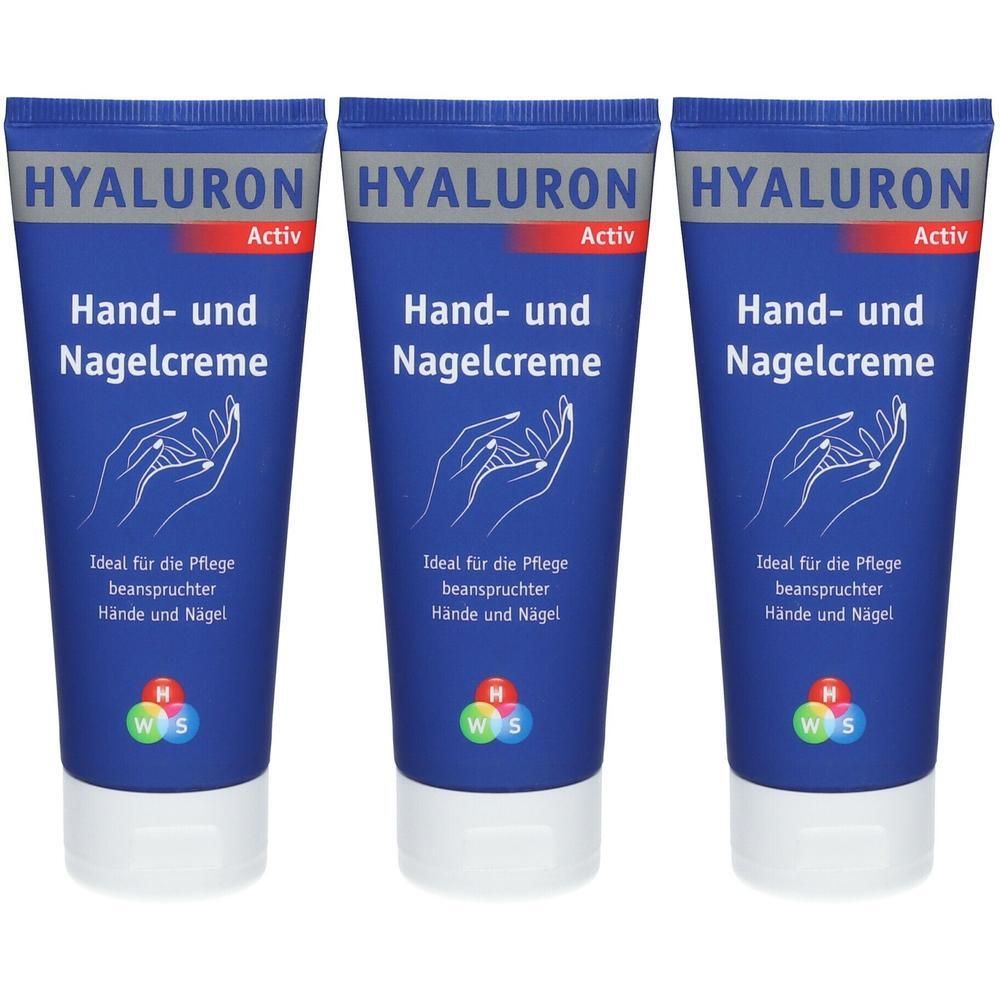 Drei blaue Tuben Hand- und Nagelcreme. Aufschrift: HYALURON Activ. Abbildung von Händen. Text: Ideal für die Pflege beanspruchter Hände und Nägel.