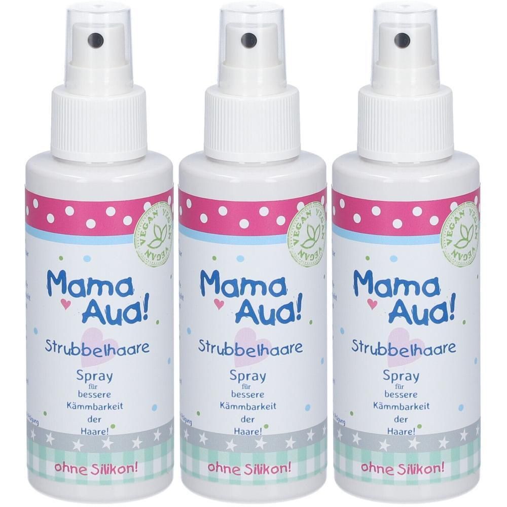 Drei weiße Sprühflaschen mit rosa und blauen Etiketten. Aufschrift: Mama Aua! Strubbelhaare, Spray für bessere Kämmbarkeit der Haare! Ohne Silikon!