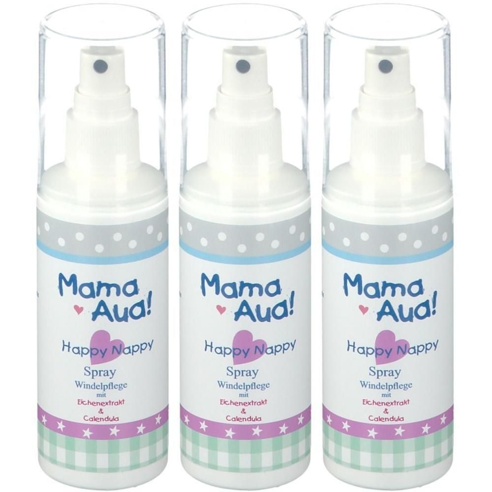 Drei weiße Sprühflaschen mit transparenten Kappen. Auf den Etiketten steht "Mama Aua! Happy Nappy Spray Windelpflege".