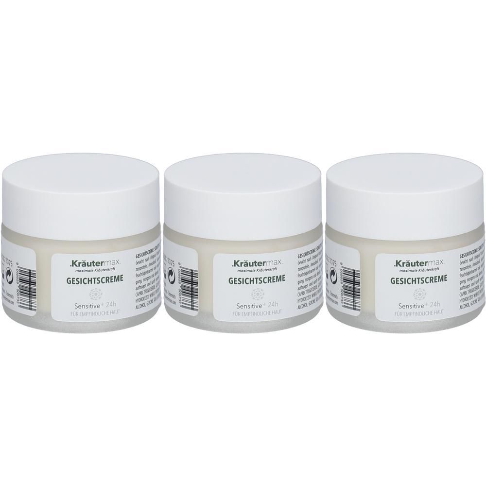 Drei Tiegel Kräutermax® Gesichtscreme Sensitive 24h. Weiße Tiegel mit weißem Deckel. Etikett mit Produktinformationen.