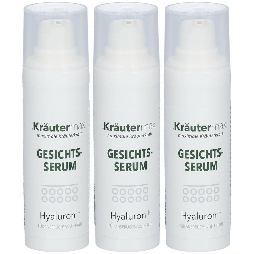 Drei weiße Flaschen mit transparenten Kappen. Auf jeder Flasche steht „Kräutermax Gesichtsserum Hyaluron+“.