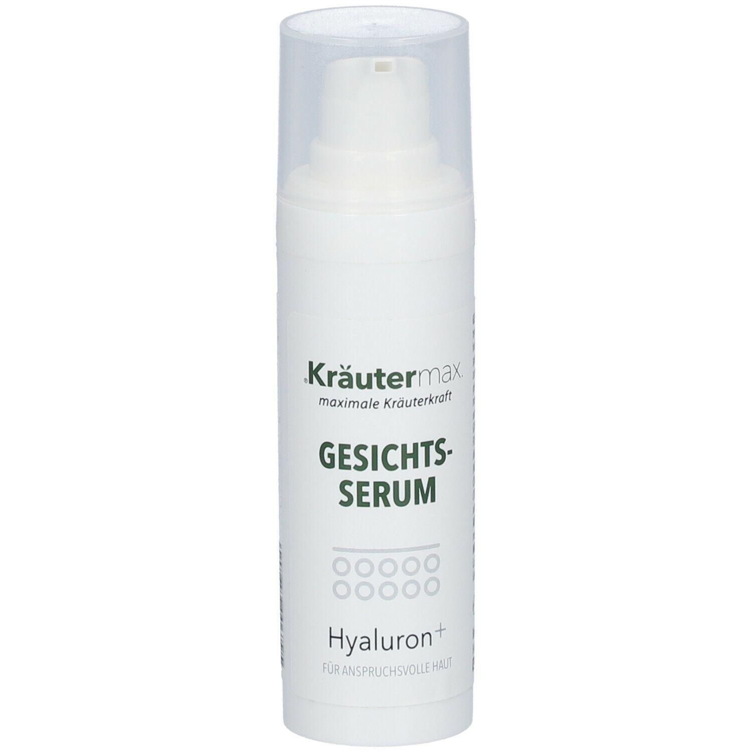 Weiße Flasche mit transparentem Deckel. Aufschrift: Kräutermax, Gesichtsserum, Hyaluron+.