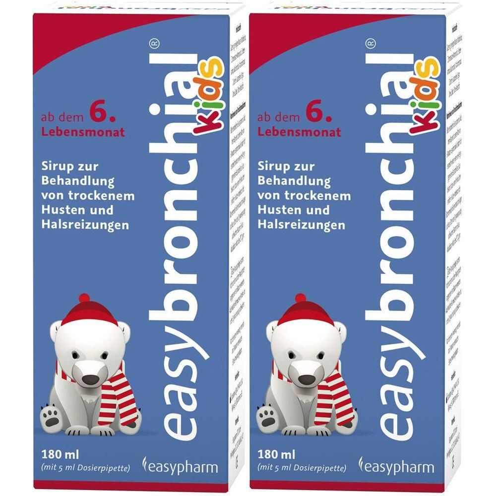 Zwei Packungen Easybronchial Kids Sirup, 180 ml, mit Dosierpipette. Zeigt einen Eisbären mit Mütze und Schal.
