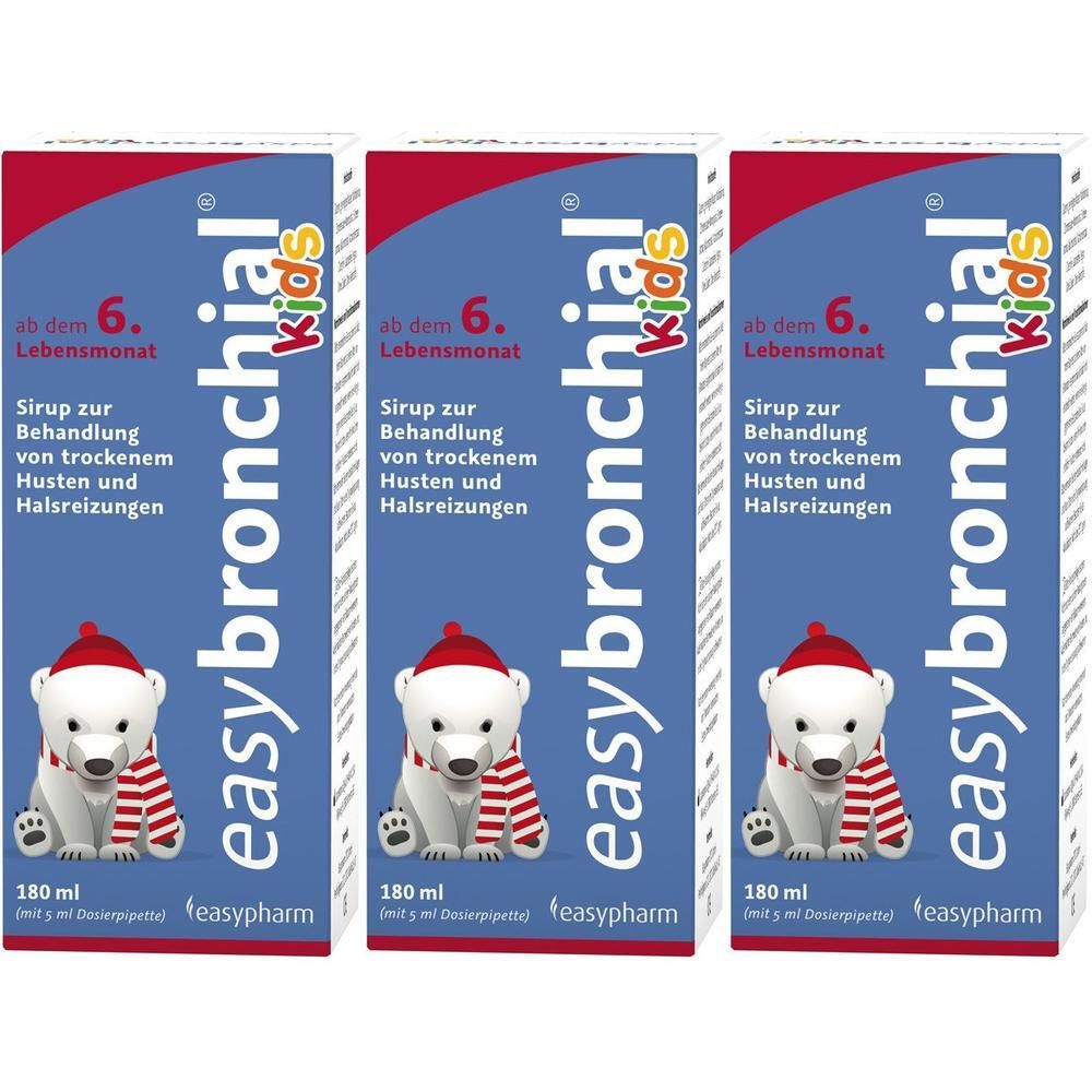 Drei Packungen Easybronchial Kids Sirup mit Eisbär-Motiv. 180 ml pro Packung.