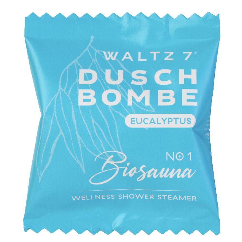 Hellblaue Verpackung mit Produktnamen: WALTZ 7 Duschbombe Eukalyptus. Mit Blättern und dem Zusatz 'Biosana'.