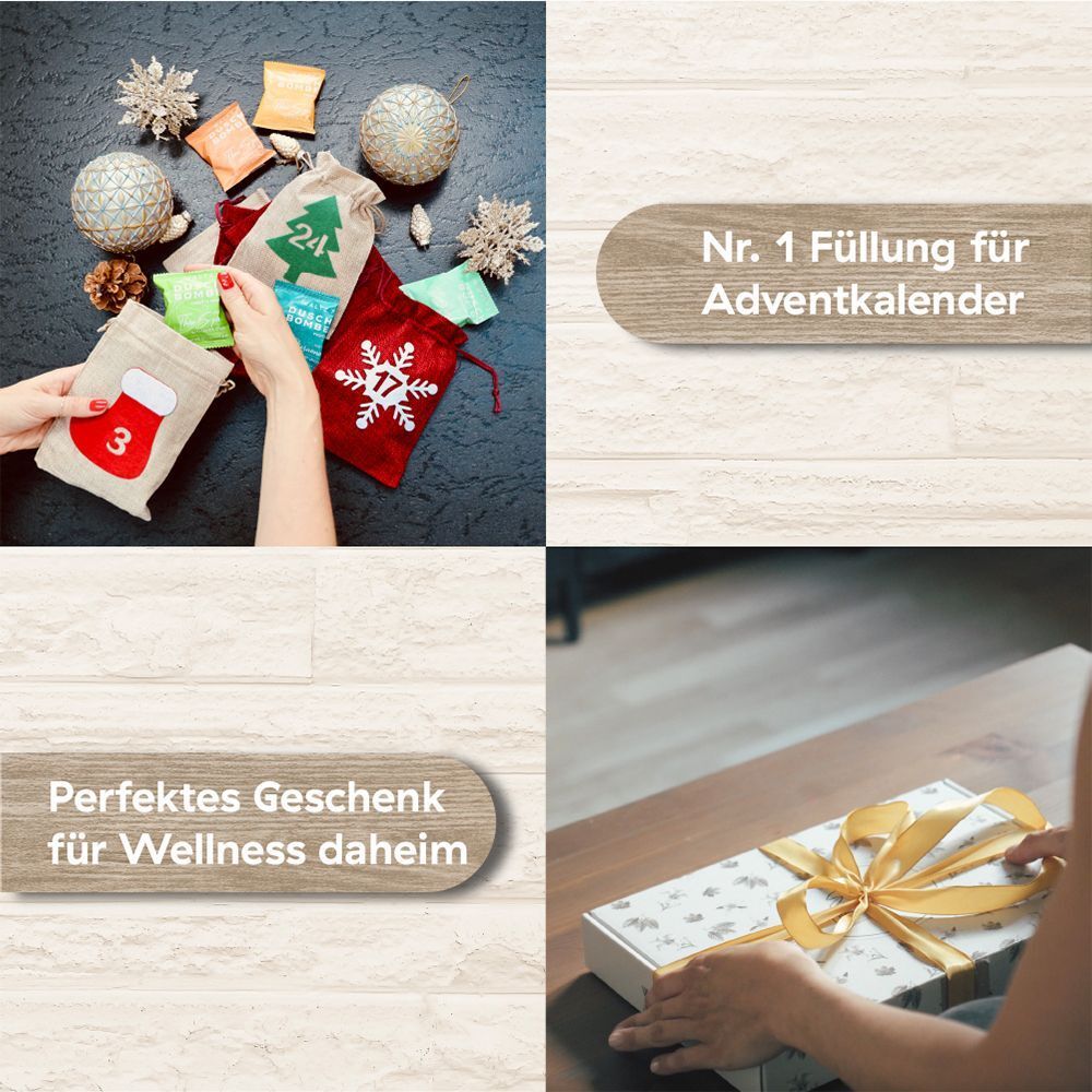 Verschiedene kleine Geschenktüten mit Zahlen und Weihnachtsschmuck auf dunklem Untergrund. Text: Nr. 1 Füllung für Adventskalender.