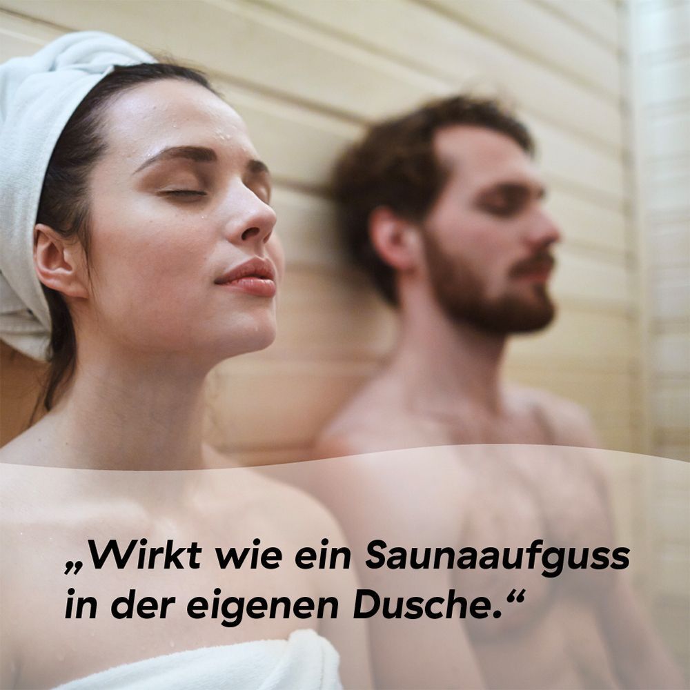 Ein Mann und eine Frau in einer Sauna. Text: Wirkt wie ein Saunaaufguss in der eigenen Dusche.