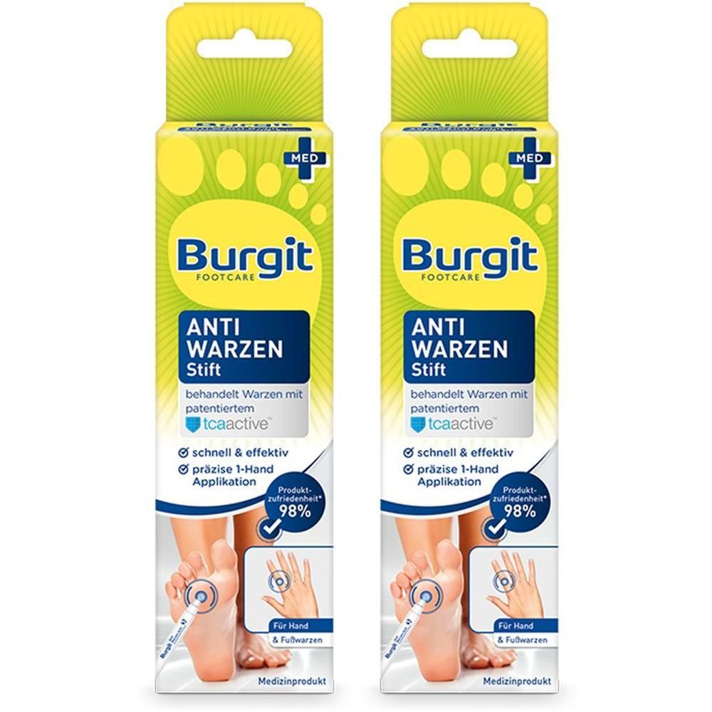 Zwei Packungen Burgit Anti Warzen Stift mit Fußpflege-Motiv und Anwendungshinweisen.
