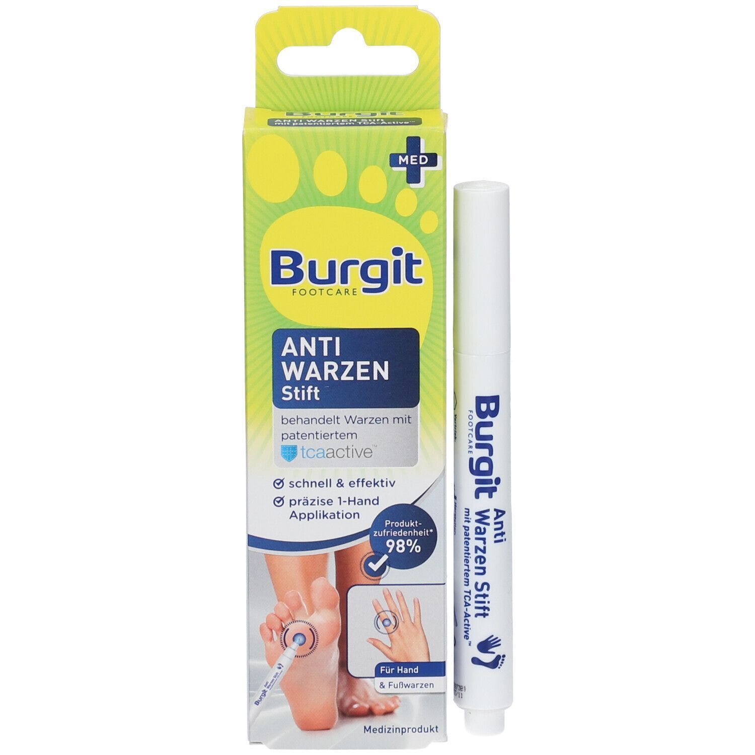 Burgit Anti Warzen Stift neben seiner Verpackung, die Fußpflege-Informationen zeigt.