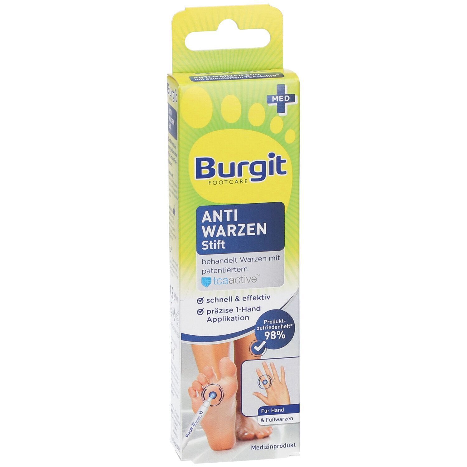 Eine Packung Burgit Anti Warzen Stift mit detaillierten Anwendungshinweisen und Fußpflege-Illustrationen.