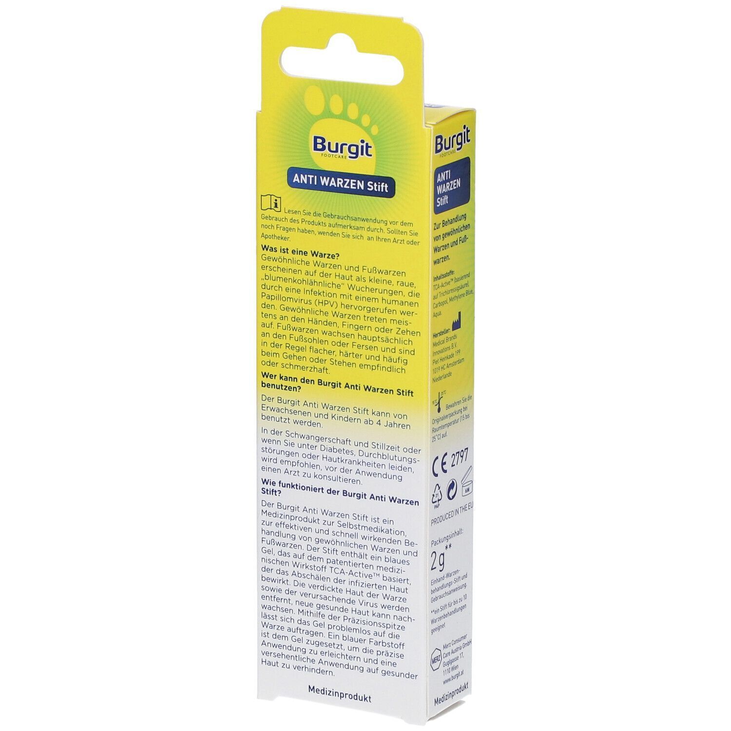 Seitenansicht der Burgit Anti Warzen Stift-Verpackung mit detaillierten Anwendungshinweisen und Produktinformationen.