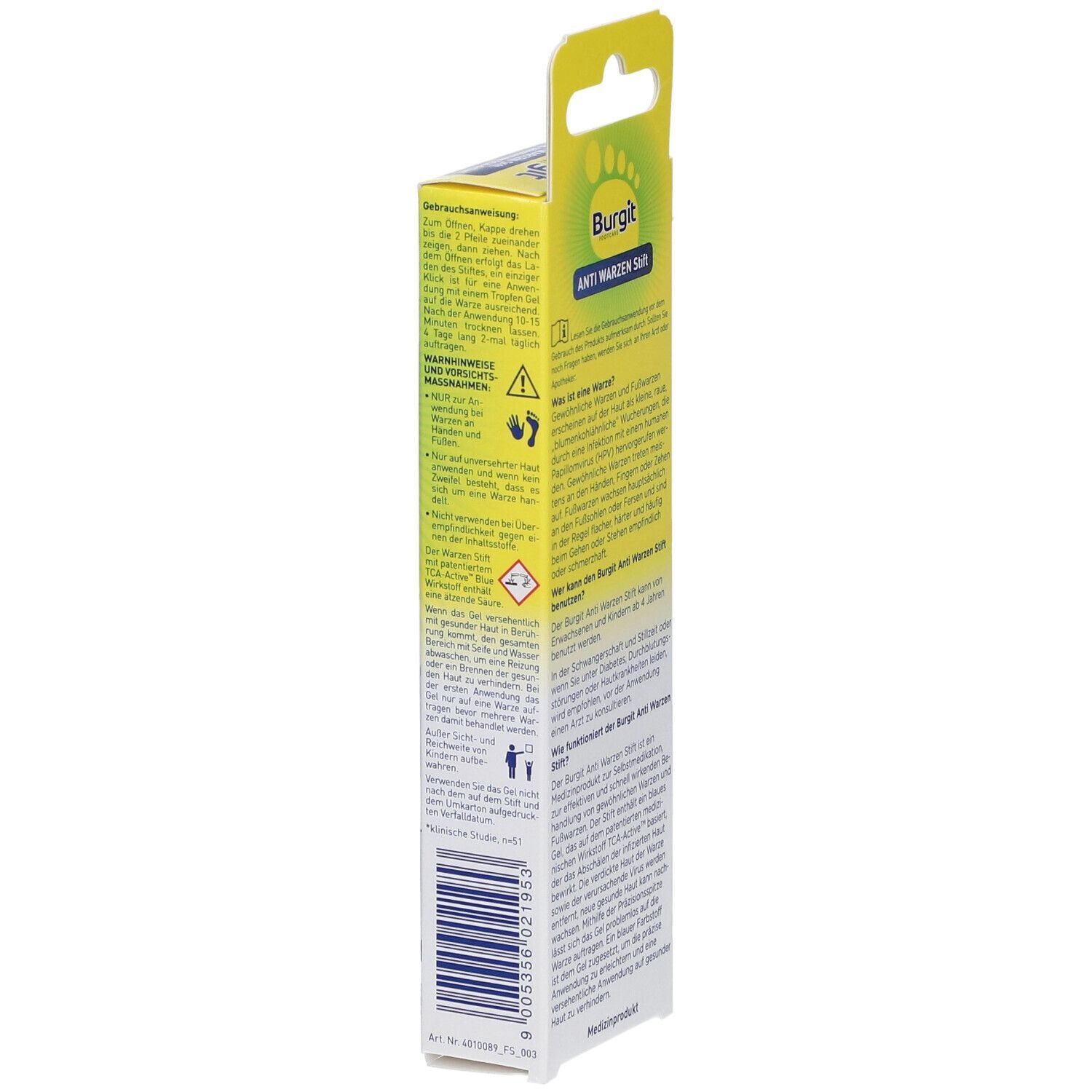 Seitenansicht der Burgit Anti Warzen Stift-Verpackung mit Warnhinweisen und Anwendungsinformationen.