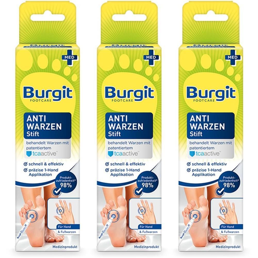 Drei Packungen Burgit Anti Warzen Stift mit Fußpflege-Motiv und Anwendungshinweisen.