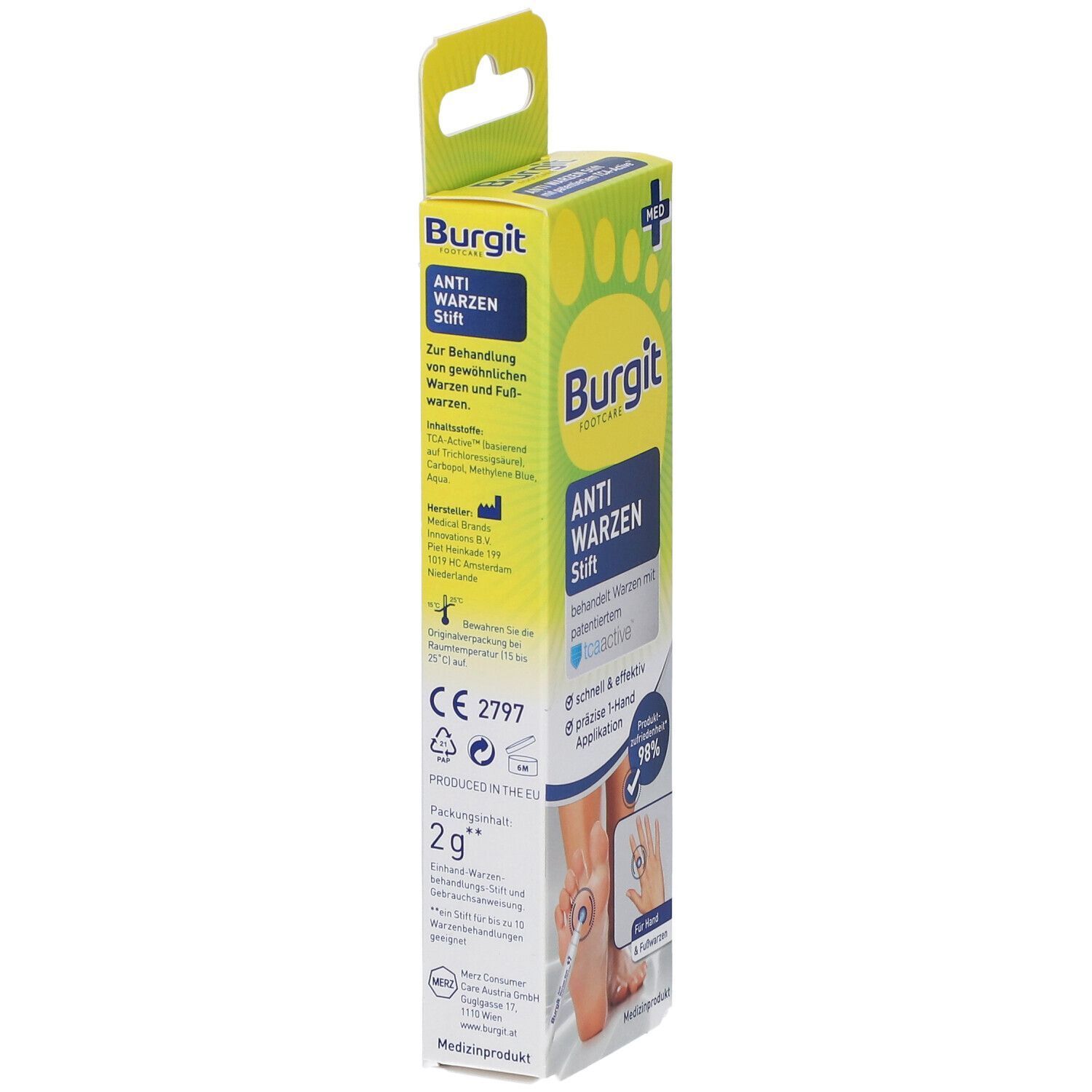 Seitenansicht der Burgit Anti Warzen Stift Packung mit CE-Zeichen und Produktinformationen.