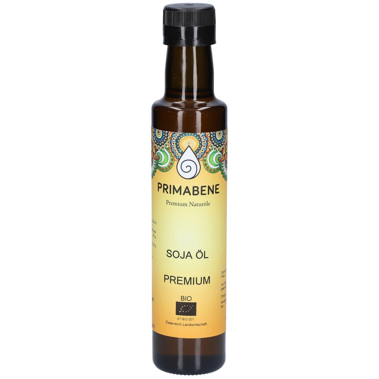 Braune Glasflasche mit schwarzem Deckel. Aufschrift: PRIMABENE, Soja Öl Premium Bio. Bio-Siegel.