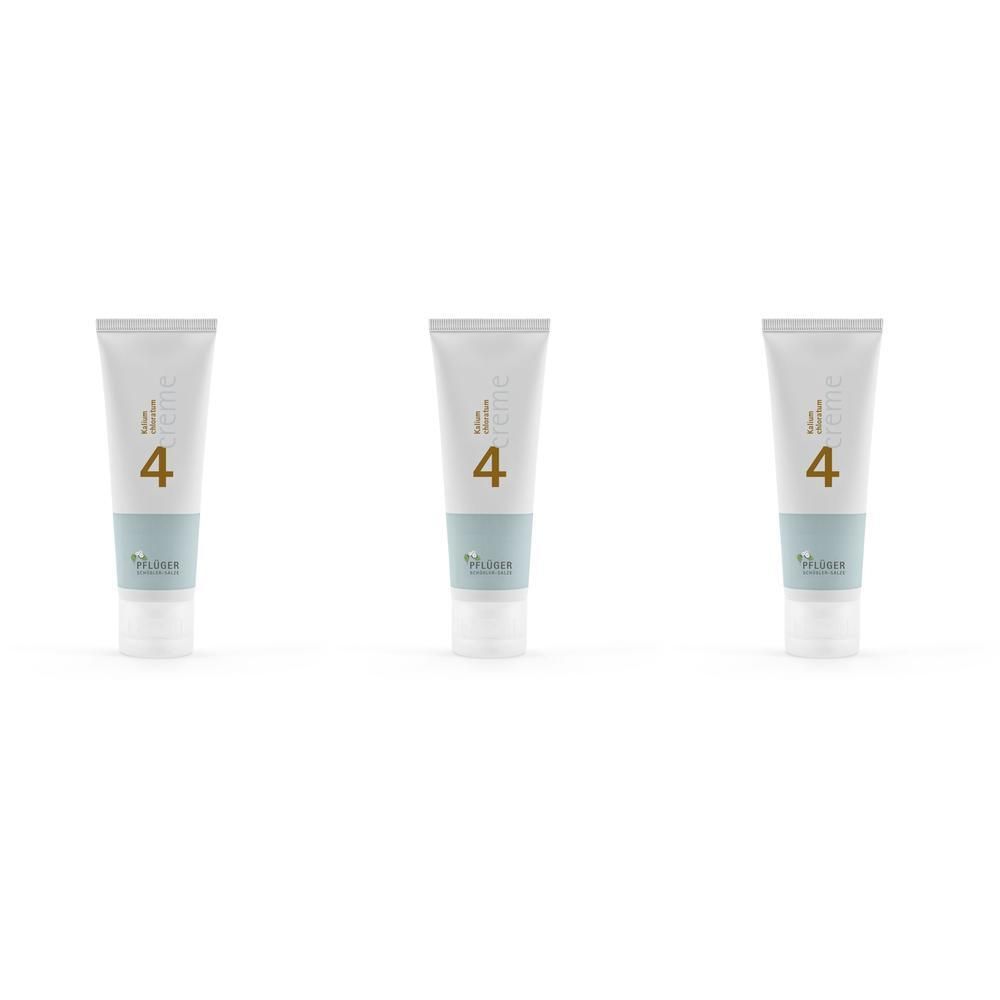 Drei Tuben Pflüger® Mineralstoffcreme Nr. 4. Weiße Tuben mit blau-grüner Banderole und goldfarbener Schrift. Aufschrift: 4.