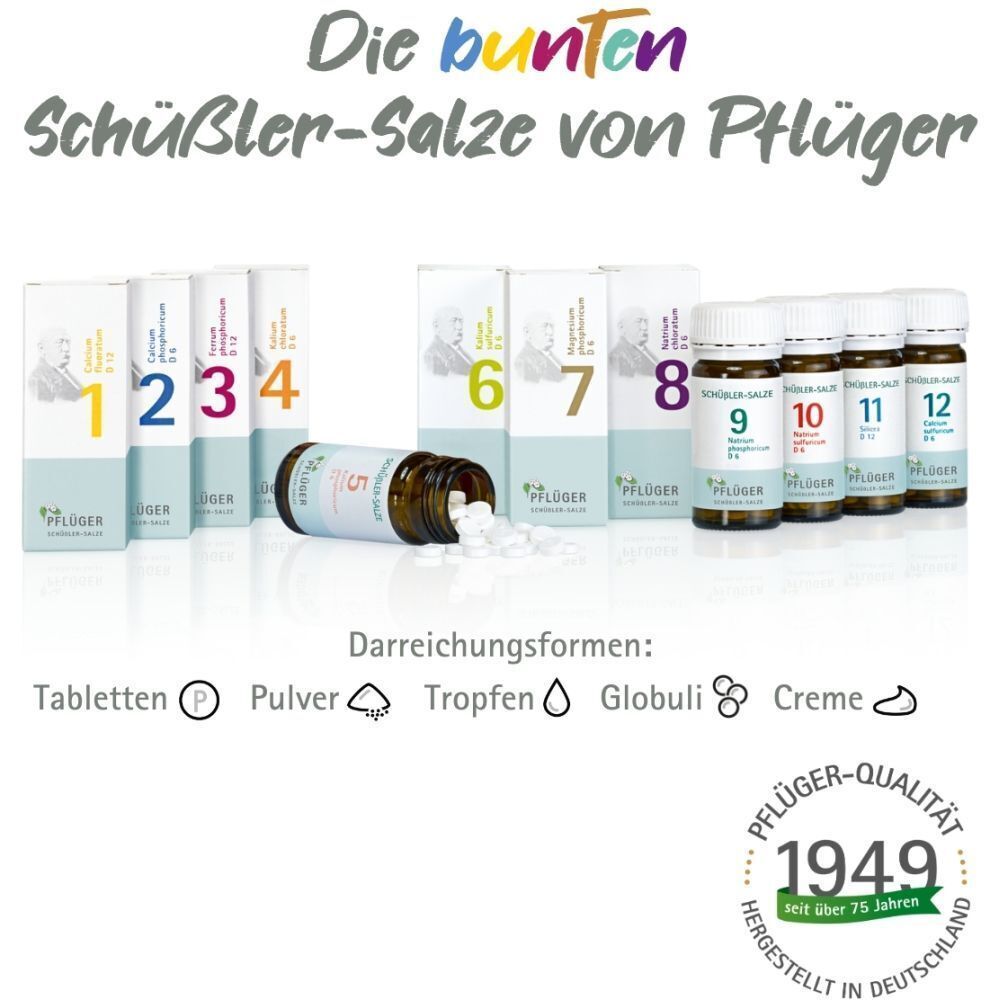 Verschiedene Darreichungsformen der Schüßler-Salze von Pflüger. Tabletten, Pulver, Tropfen, Globuli, Creme. Text: Pflüger-Qualität seit 1949.