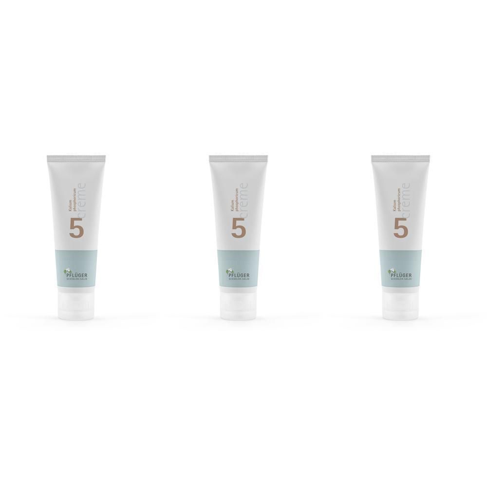 Drei Tuben Creme mit der Nummer 5. Die Tube ist weiß mit hellblauem Streifen und grüner Schrift. Der Name ist nicht lesbar.