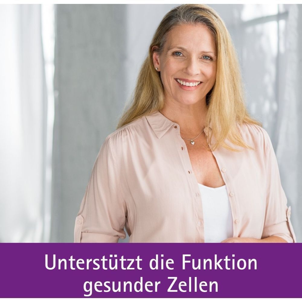 Lächelnde Frau mittleren Alters. Text: Unterstützt die Funktion gesunder Zellen.
