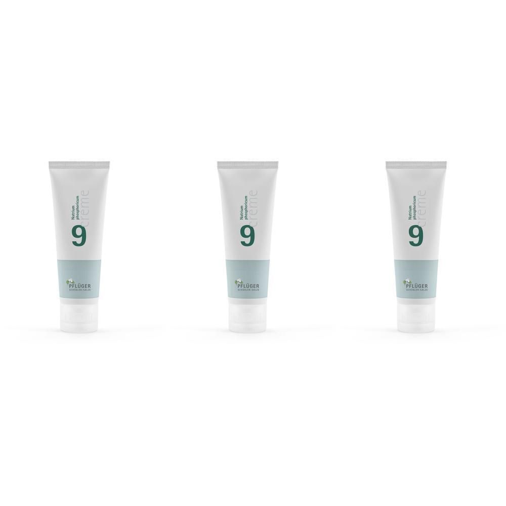Drei Tuben Pflüger® Mineralstoffcreme Nr. 9 Natrium Phosphoricum nebeneinander.