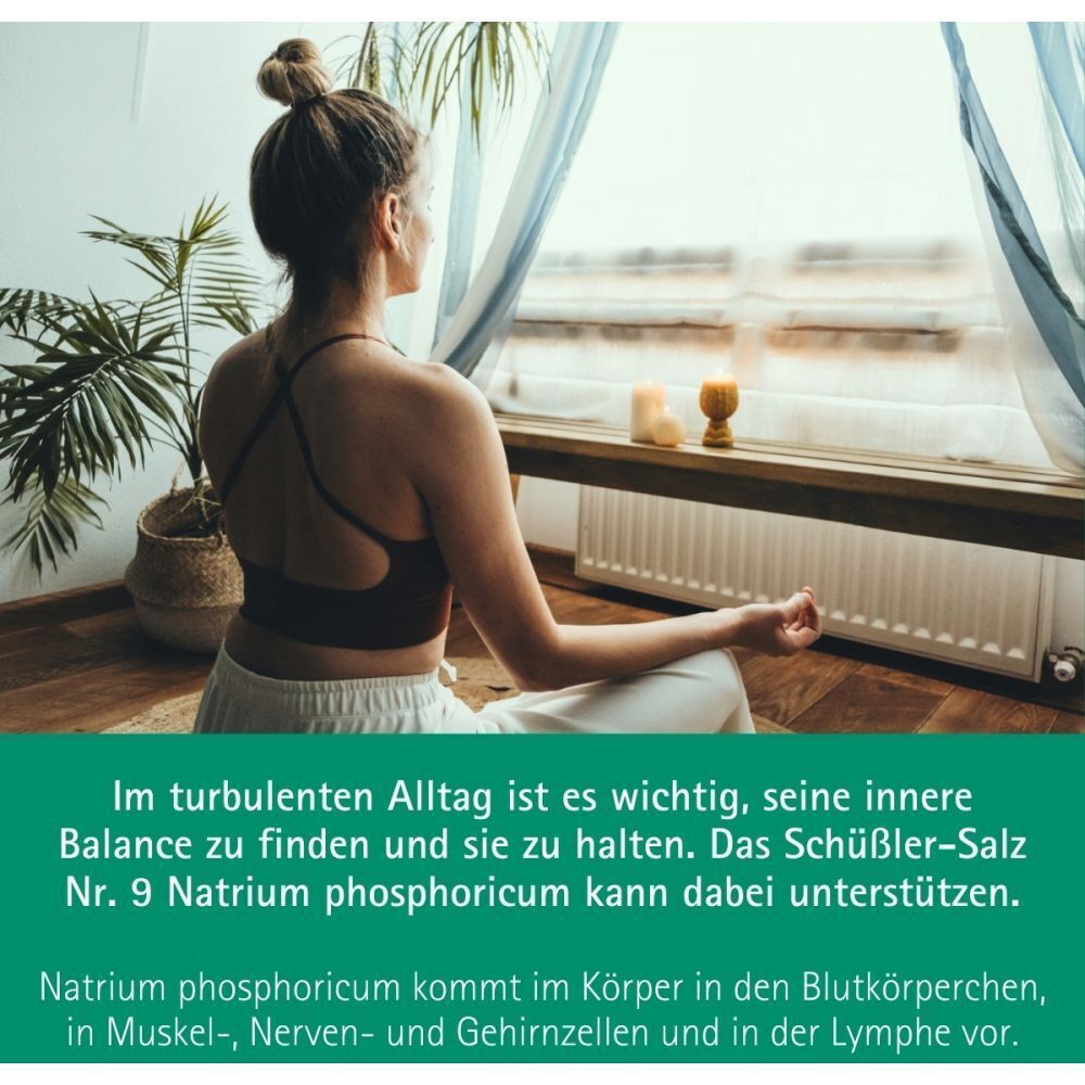 Frau in Meditationshaltung vor einem Fenster, mit Text über innere Balance und Schüssler-Salz Nr. 9.