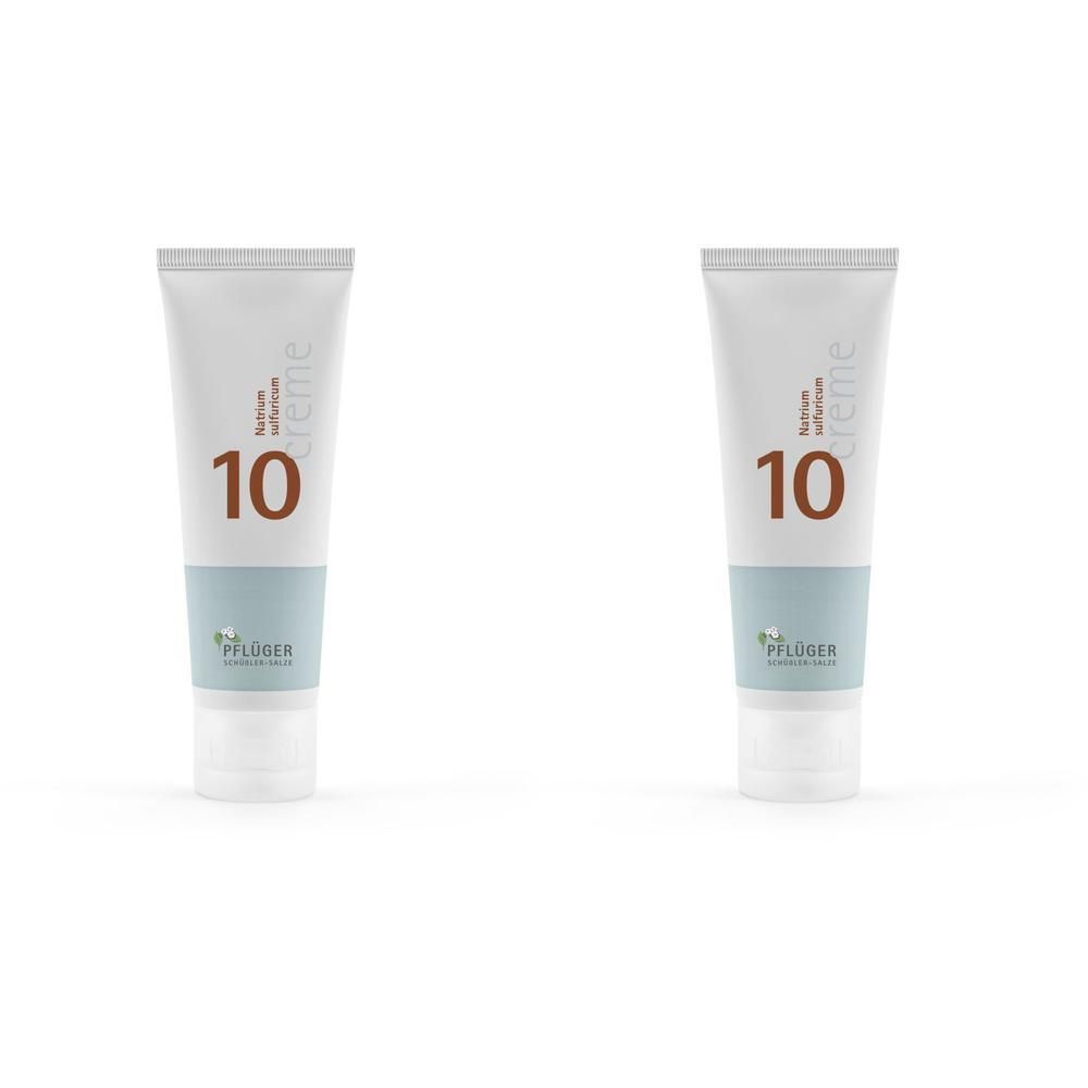 Zwei Tuben Pflüger® Mineralstoffcreme Nr. 10. Weiß, mit hellblauem Streifen und brauner Schrift. Aufschrift: 10, Natriumsulfat, Pflüger.