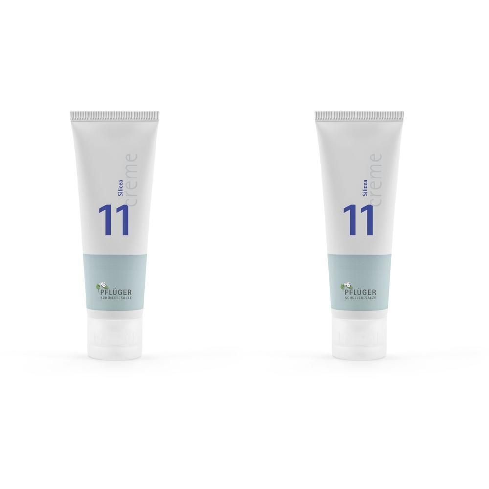 Zwei Tuben Creme, weiß mit blauem Streifen und Aufschrift "11". Marke Pflüger.