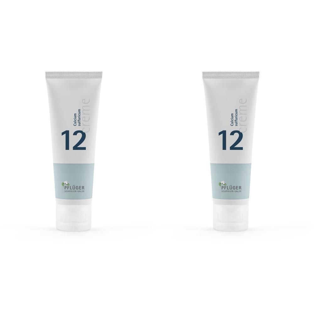 Zwei Tuben Creme mit der Aufschrift "12" und dem Logo von Pflüger. Weiße Tube mit blauem Streifen.