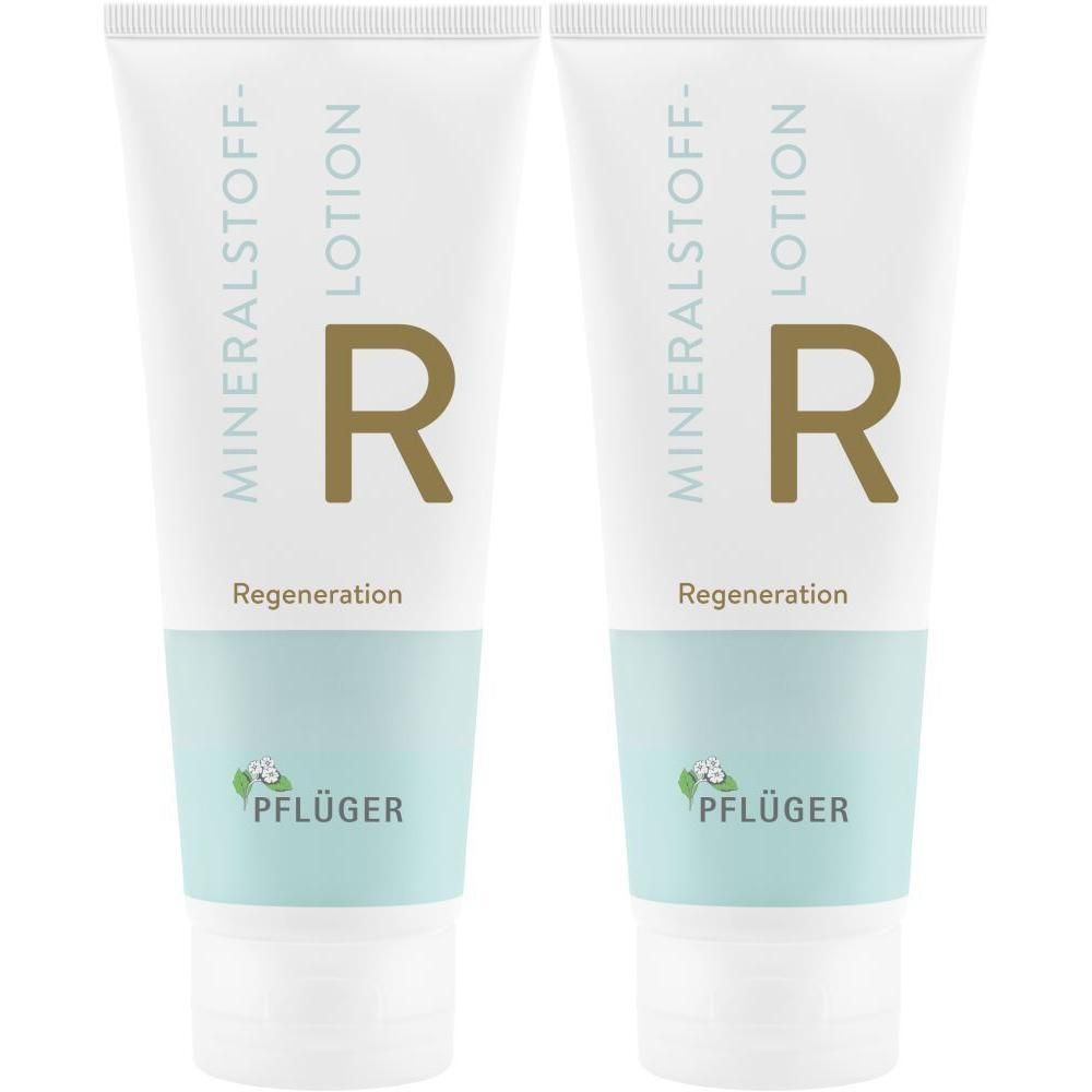 Zwei Tuben PFLÜGER Mineralstoff-Lotion R Regeneration. Weiße Tuben mit hellblauem Streifen, braunem "R" und Logo.