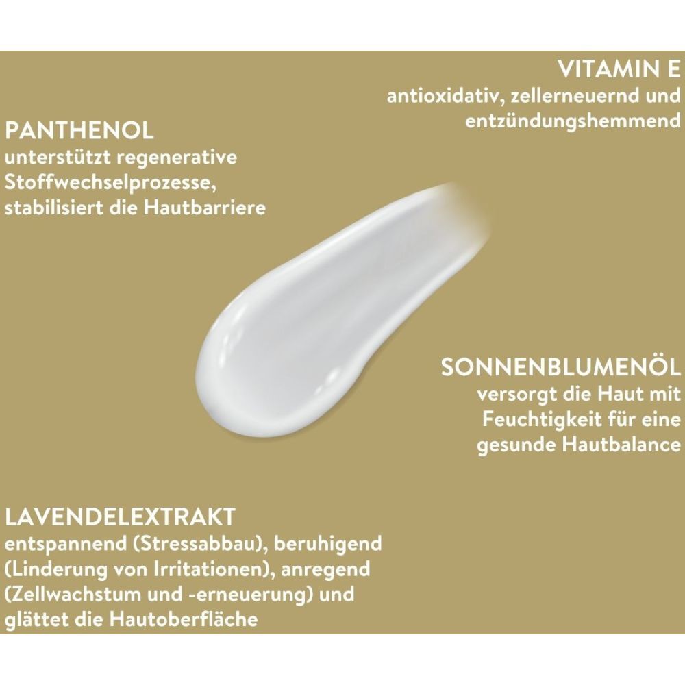 Produkt-Text-Kombination. Text: Panthenol, Sonnenblumenöl, Lavendelextrakt, Vitamin E. Creme-Klecks.