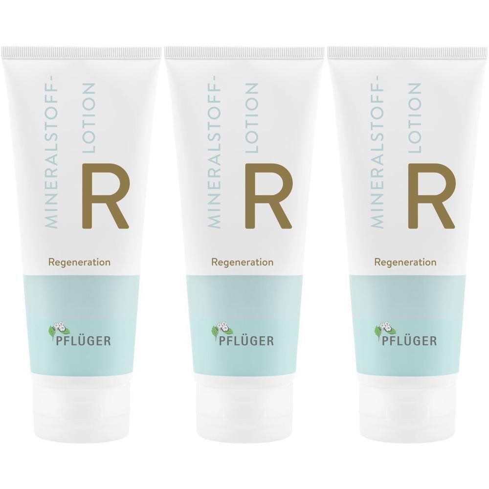 Drei Tuben der PFLÜGER Mineralstoff-Lotion R Regeneration.