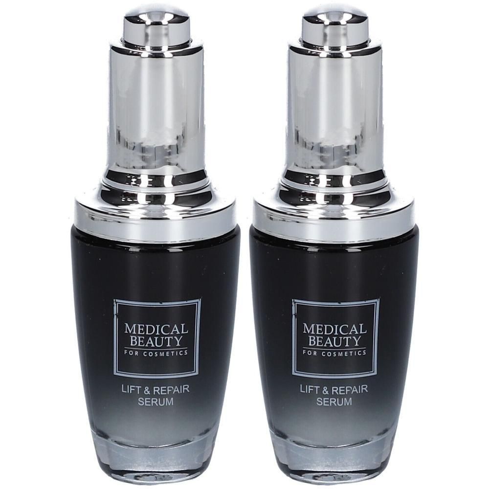 Zwei Flakons mit silbernen Deckeln. Auf den schwarzen Flaschen steht "MEDICAL BEAUTY" und "LIFT & REPAIR SERUM".