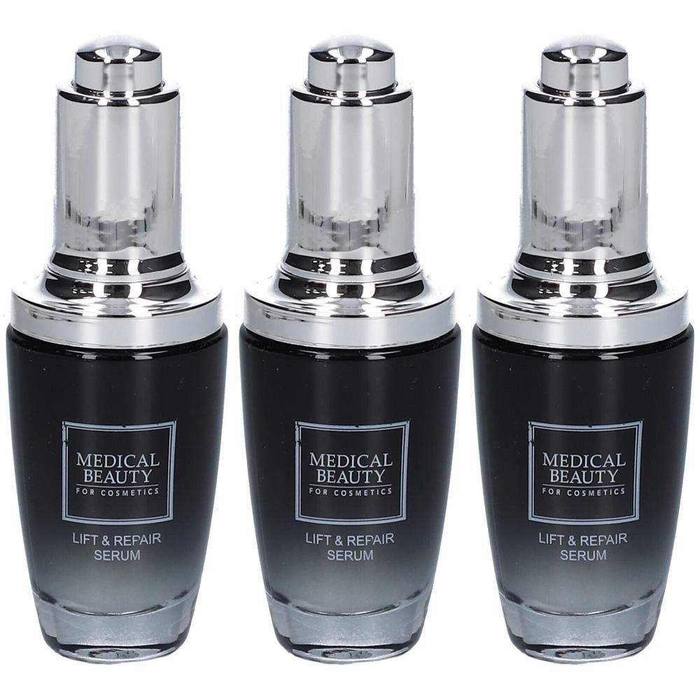 Drei Flakons mit silbernen Deckeln und schwarzen, farblich abgestuften Behältern. Auf jedem steht "MEDICAL BEAUTY" und "LIFT & REPAIR SERUM".
