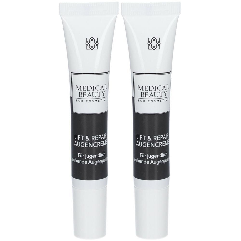 Zwei Tuben Augencreme. Weiß, mit schwarzer Schrift. Aufschrift: MEDICAL BEAUTY, LIFT & REPAIR AUGENCREME. Für jugendlich wirkende Augenpartie.