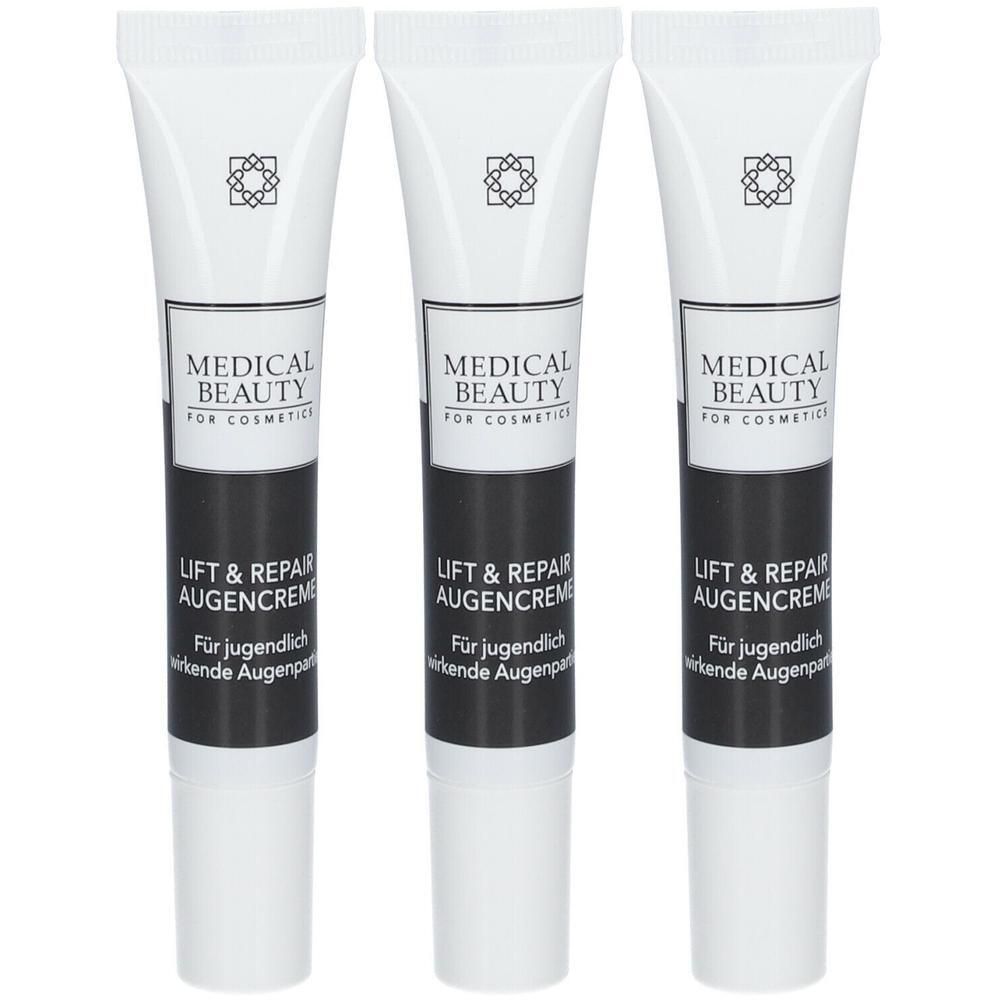 Drei Tuben Augencreme. Weißer Hintergrund. Aufschrift: MEDICAL BEAUTY, LIFT & REPAIR AUGENCREME. Schwarze Schrift auf weißem Hintergrund.
