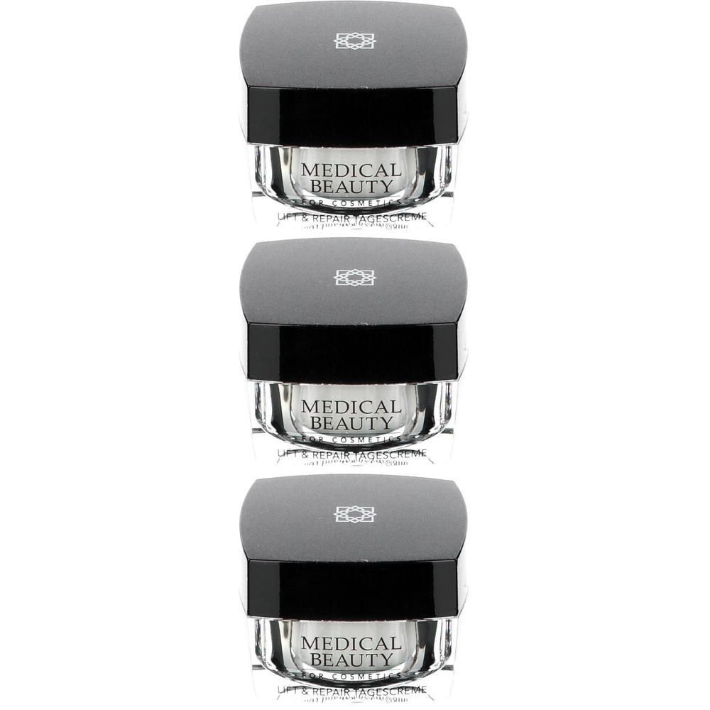 Drei Tiegel MEDICAL BEAUTY Lift & Repair Tagescreme. Grauer Deckel, schwarzer Ring, transparente Dose. Schriftzug MEDICAL BEAUTY.