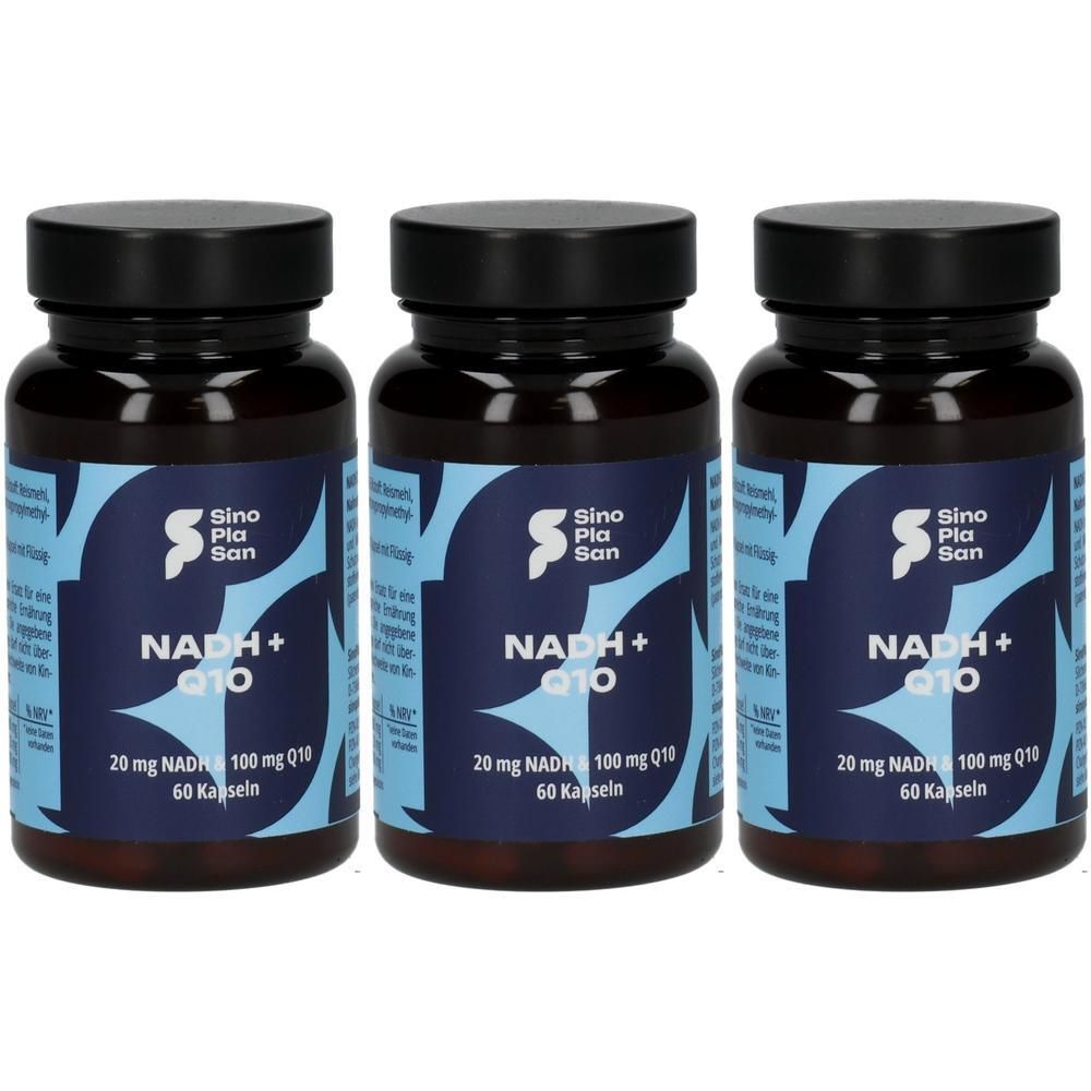 Drei braune Pillendosen mit schwarzen Deckeln. Auf jeder Dose steht "NADH + Q10", "20 mg NADH 100 mg Q10" und "60 Kapseln". Das Logo ist sichtbar.