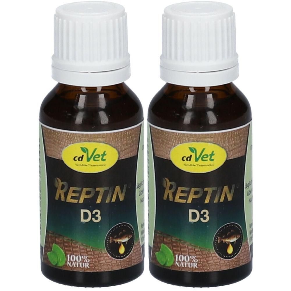 Zwei braune Flaschen mit weißem Deckel. Aufschrift: cd Vet Reptin D3. Gelbes Etikett mit Logo. 100% Natur.
