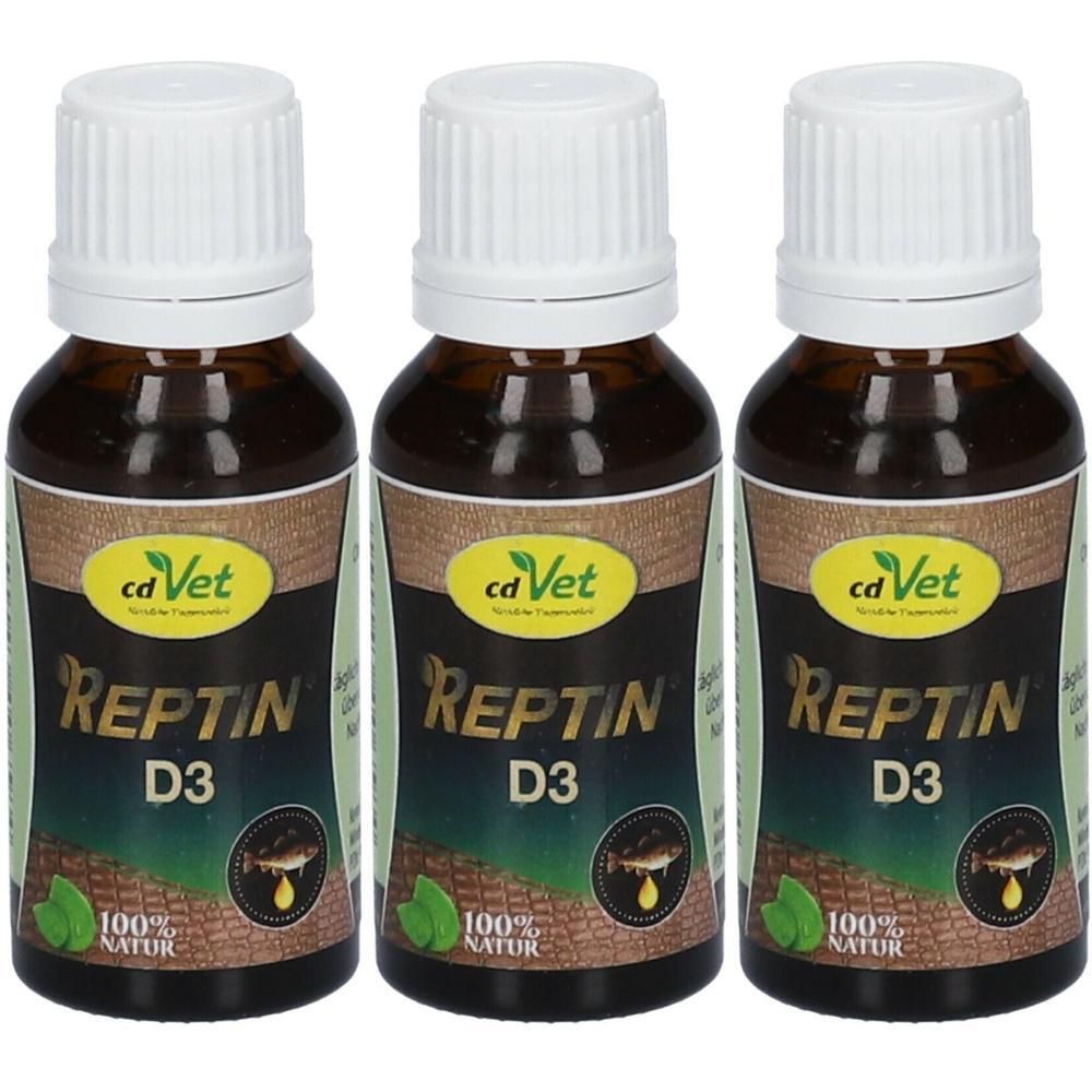 Drei braune Flaschen mit weißen Deckeln. Auf den Etiketten steht "cd Vet Reptin D3".