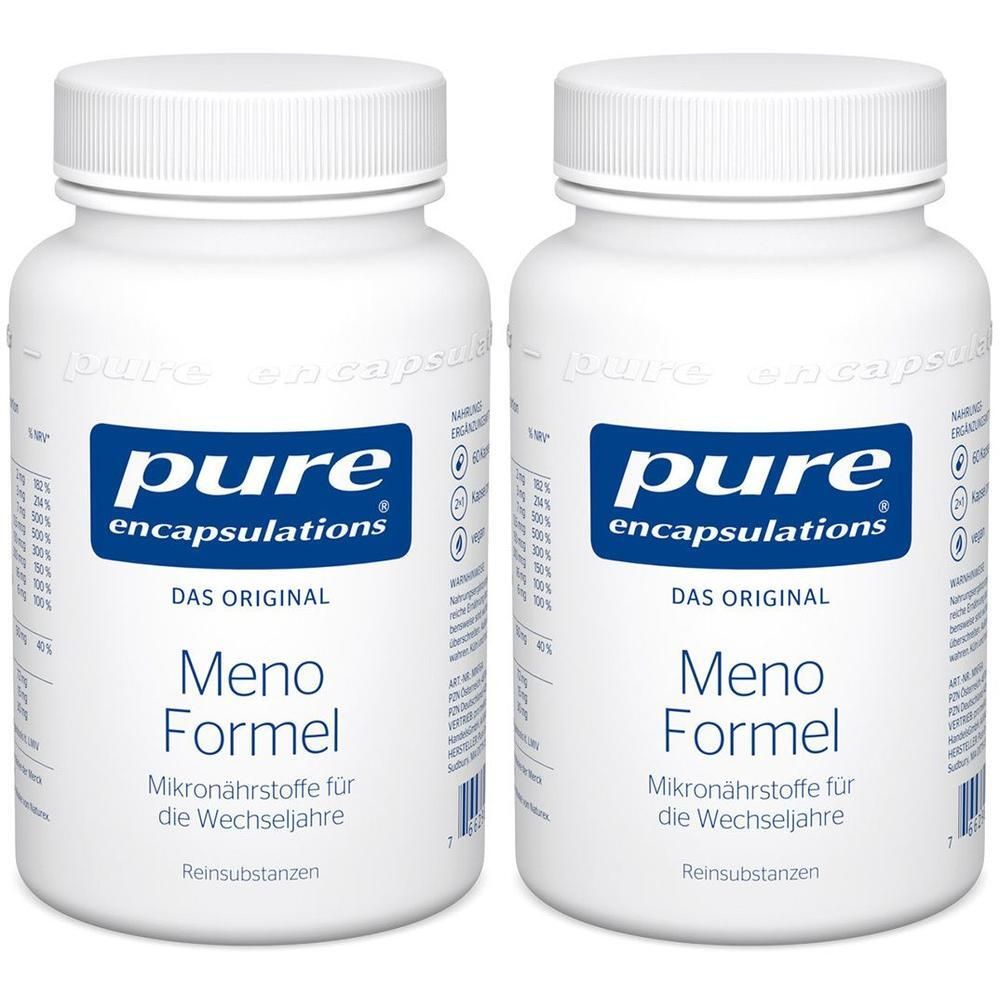 Zwei weiße Flaschen mit blauen Etiketten. Aufschrift: pure encapsulations®, Meno Formel. Kapseln für die Wechseljahre.