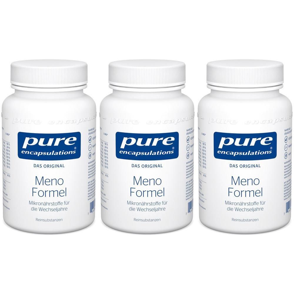 Drei weiße Flaschen mit blauer Aufschrift: pure encapsulations® Meno Formel. Deckel und Etikett sichtbar.