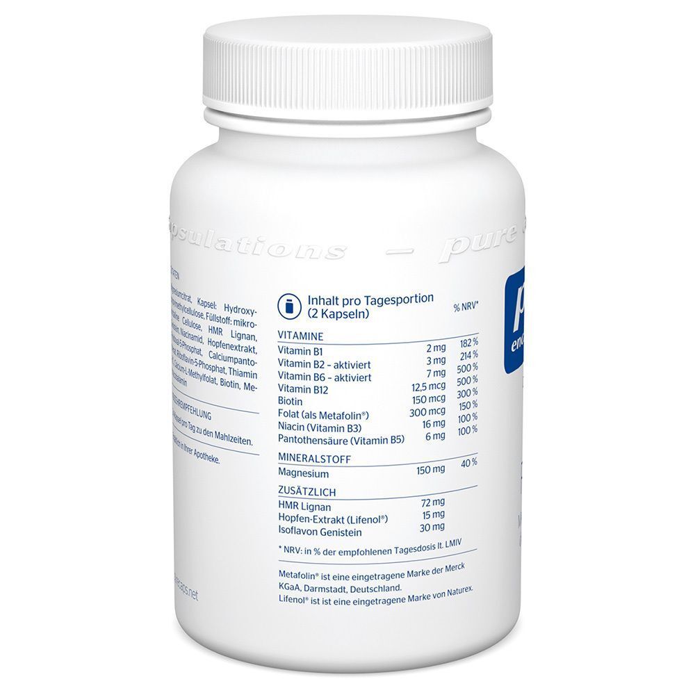 Weiße Flasche mit blauer Aufschrift: pure encapsulations®. Rückseite mit Nährwertangaben pro Portion.