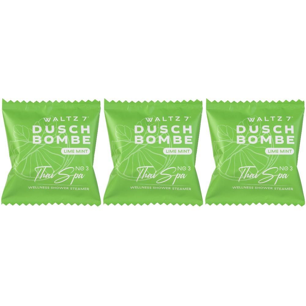 Drei grüne, quadratische Verpackungen. Auf jeder steht "WALTZ 7 Duschbombe Limette Mint".