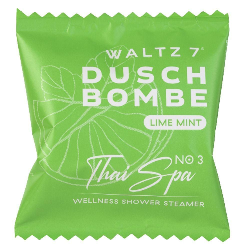 Grüne Verpackung mit Produktnamen WALTZ 7, Duschbombe, Limette-Minze, Thai Spa. Abbildung einer Limettenscheibe.