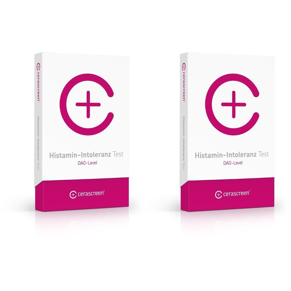 Zwei Packungen des Histamin-Intoleranz Tests von cerascreen, weiß mit pinkem Kreis-Kreuz-Logo.