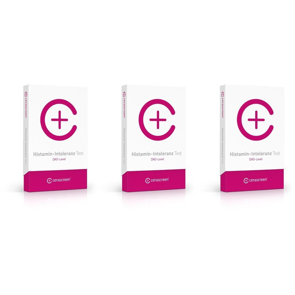 Drei Packungen des cerascreen® Histamin-Intoleranz Tests nebeneinander.