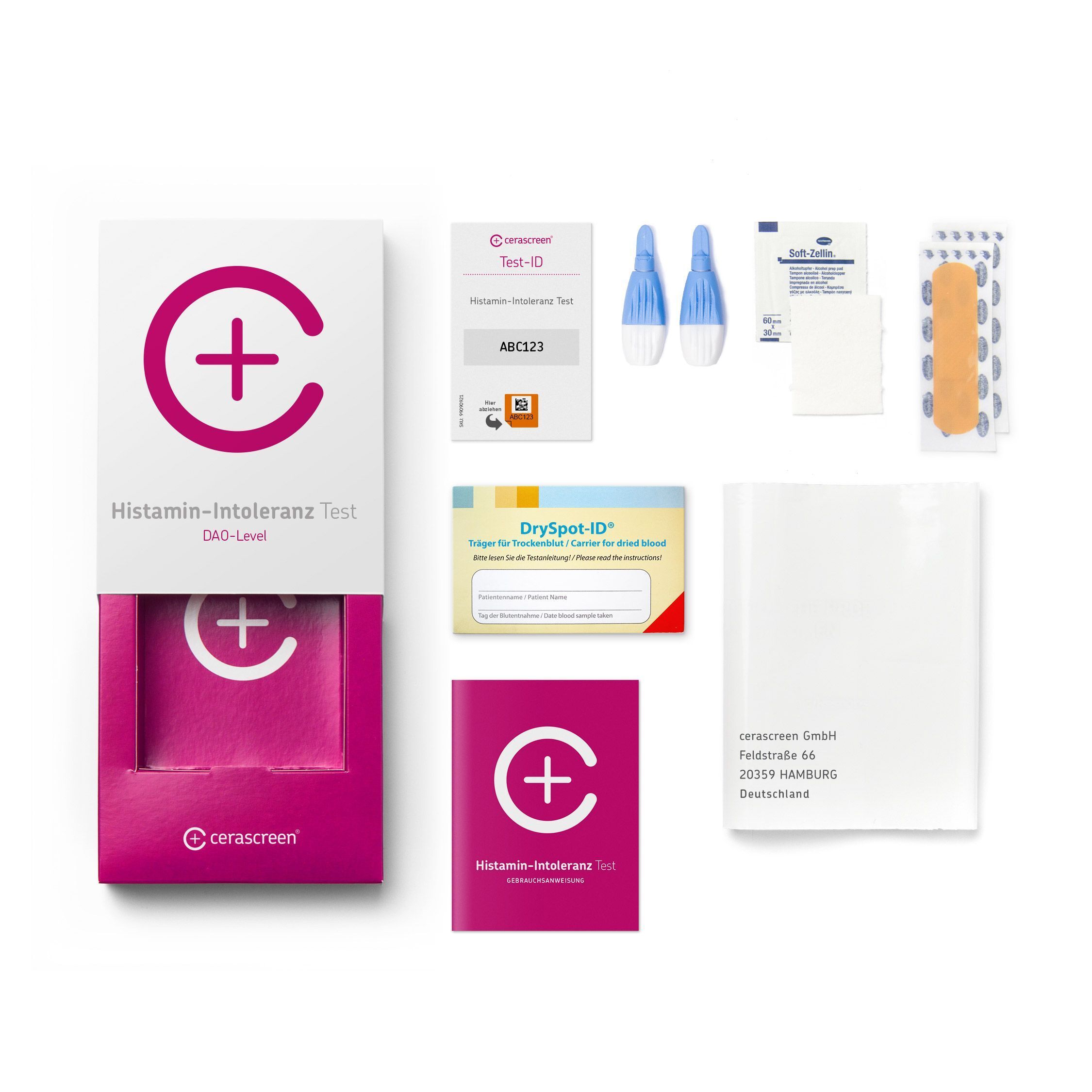 Inhalt des cerascreen® Histamin-Intoleranz Tests: Testkit, Trockentupfer, Pflaster und Anleitung.