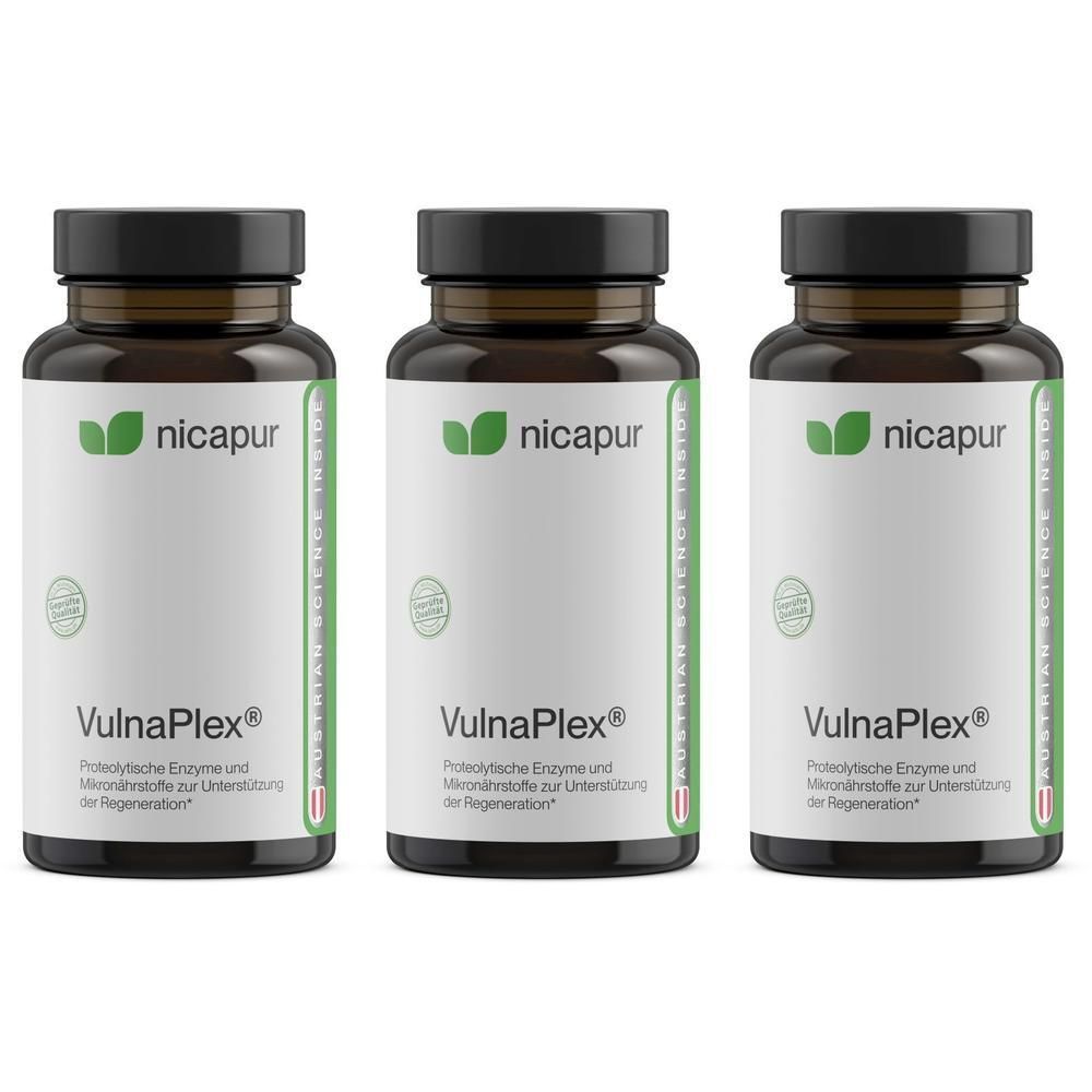 Drei Flaschen nicapur® VulnaPlex® mit schwarzen Schraubverschlüssen und weißen Etiketten.